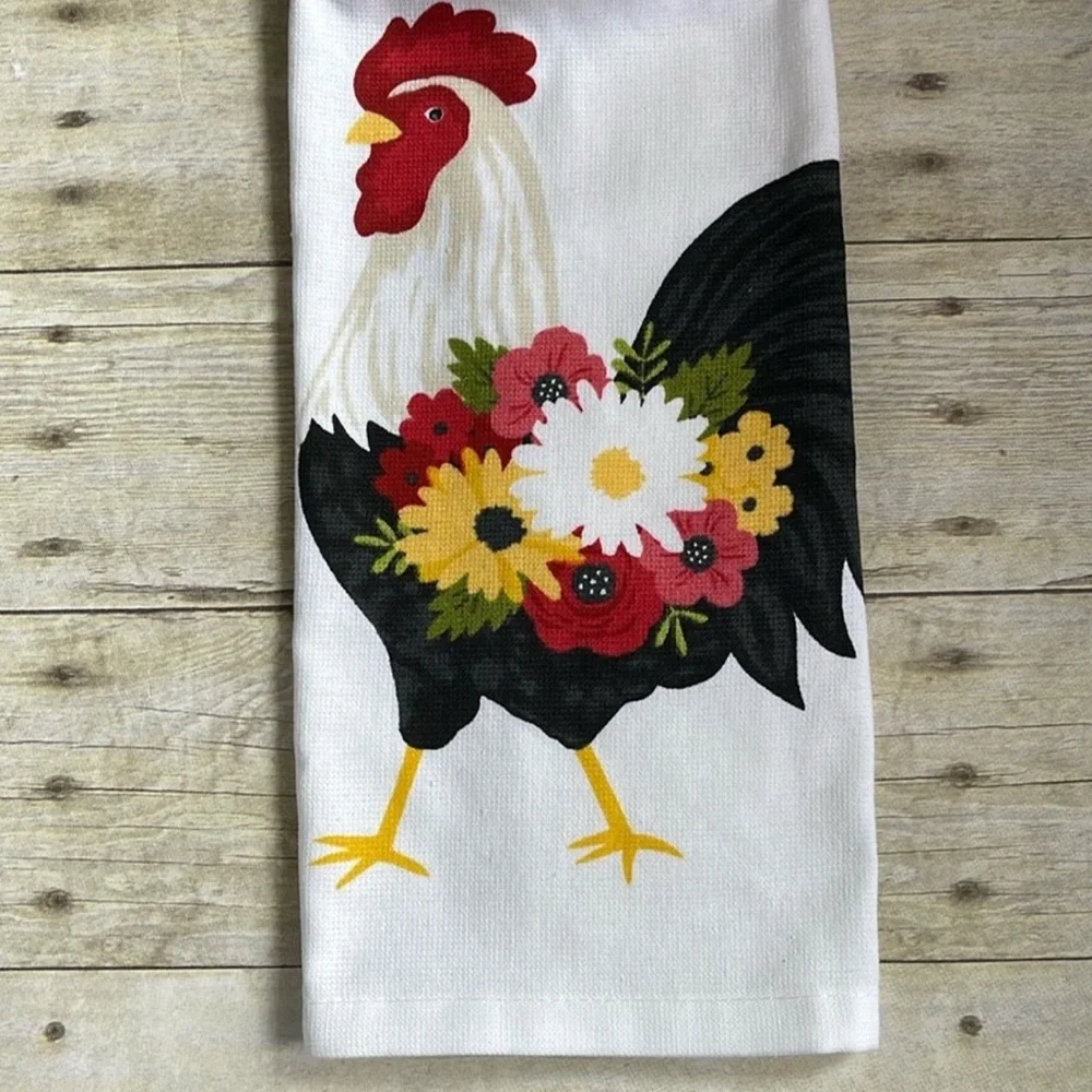 Crochet Top Single Thickness Hanging Towel Rooster & Flowers Handmade w Love